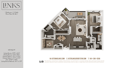 Floor plan for 2 beds, 2.5 baths, 1455 sqft